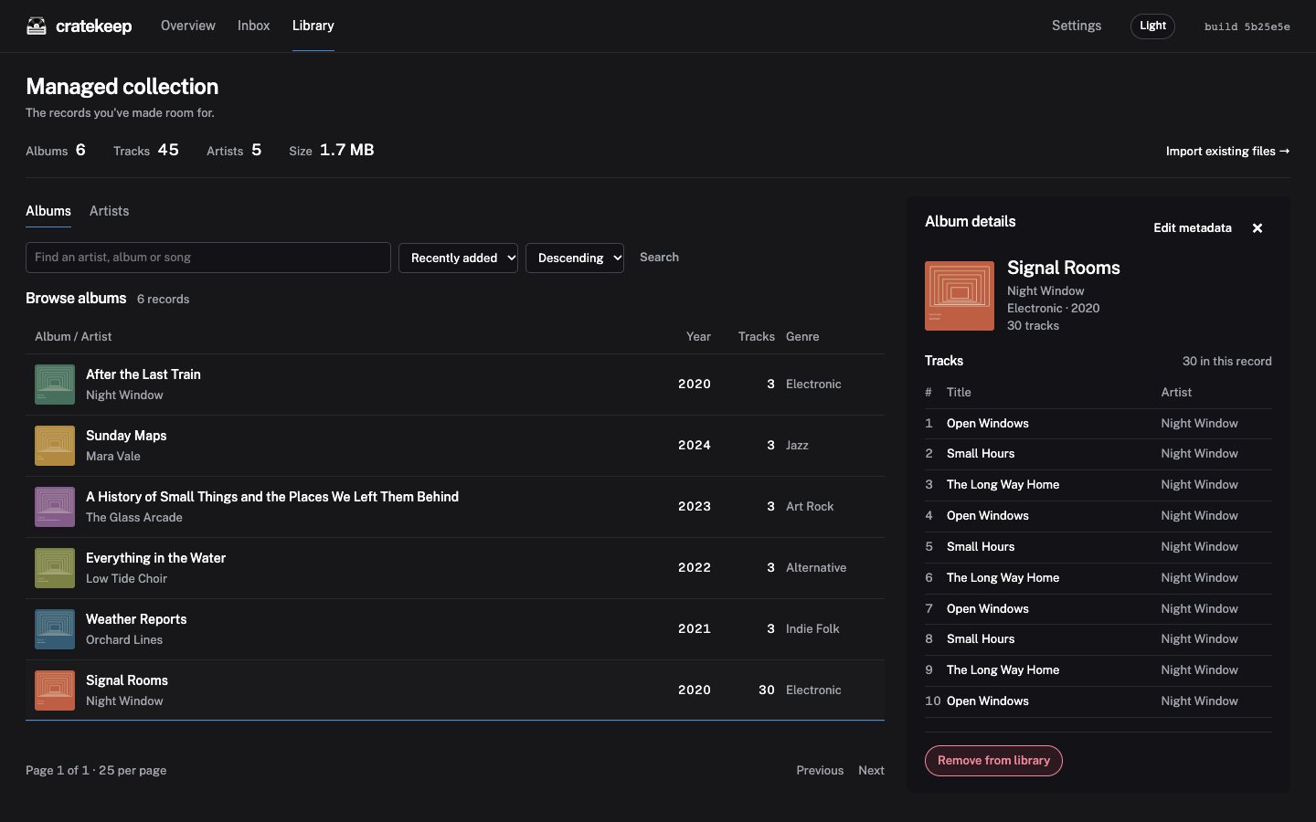 Close-up of the managed demo collection, with albums, years, tracks and genres